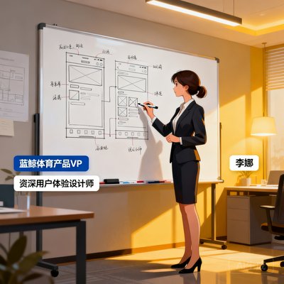 蓝鲸体育产品VP李娜，资深用户体验设计师，正在白板上绘制产品原型图。